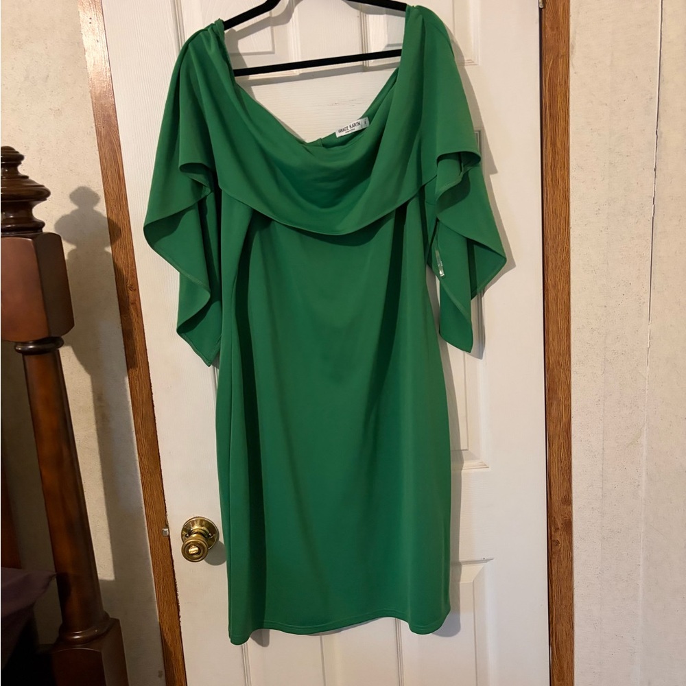 Grace Karin Emerald Green Off-Shoulder Midi Dress with Draped Cape Sleeves